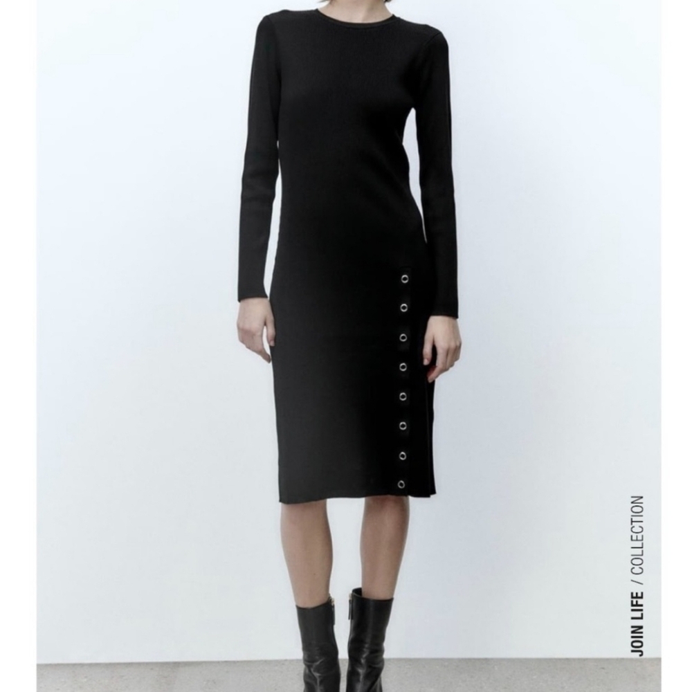 Zara Knit Snap Midi Dress In Black‎